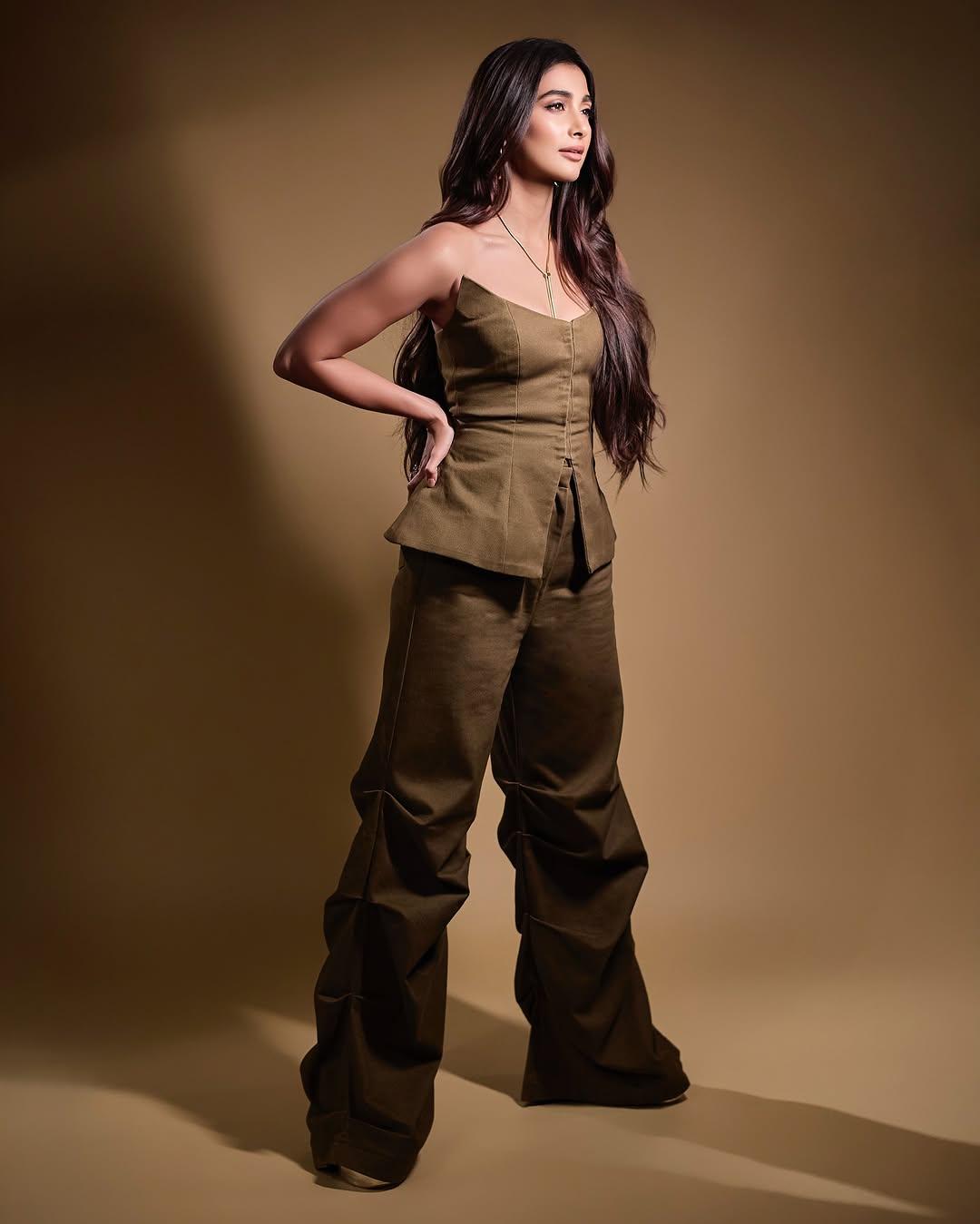 Pooja Hegde in Olive Green Pants and Strapless Top Posing