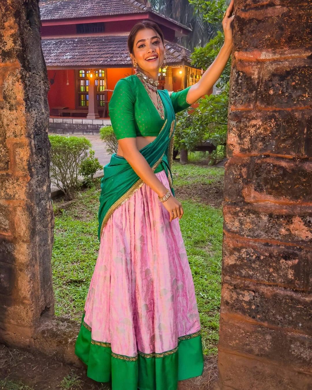 Pooja Hegde in Pink and Green Traditional Outfit Wallpaper