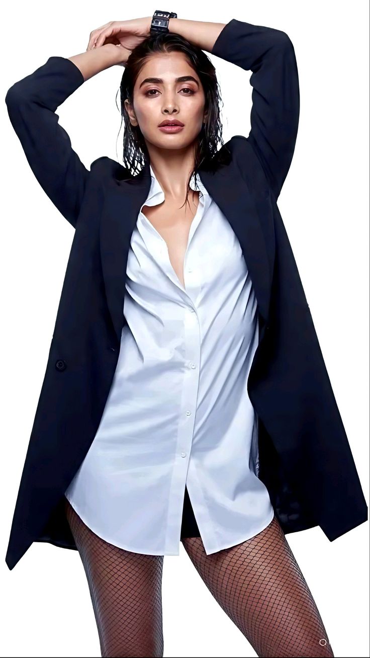 Pooja Hegde in Stylish Black Blazer and Shirt Outfit