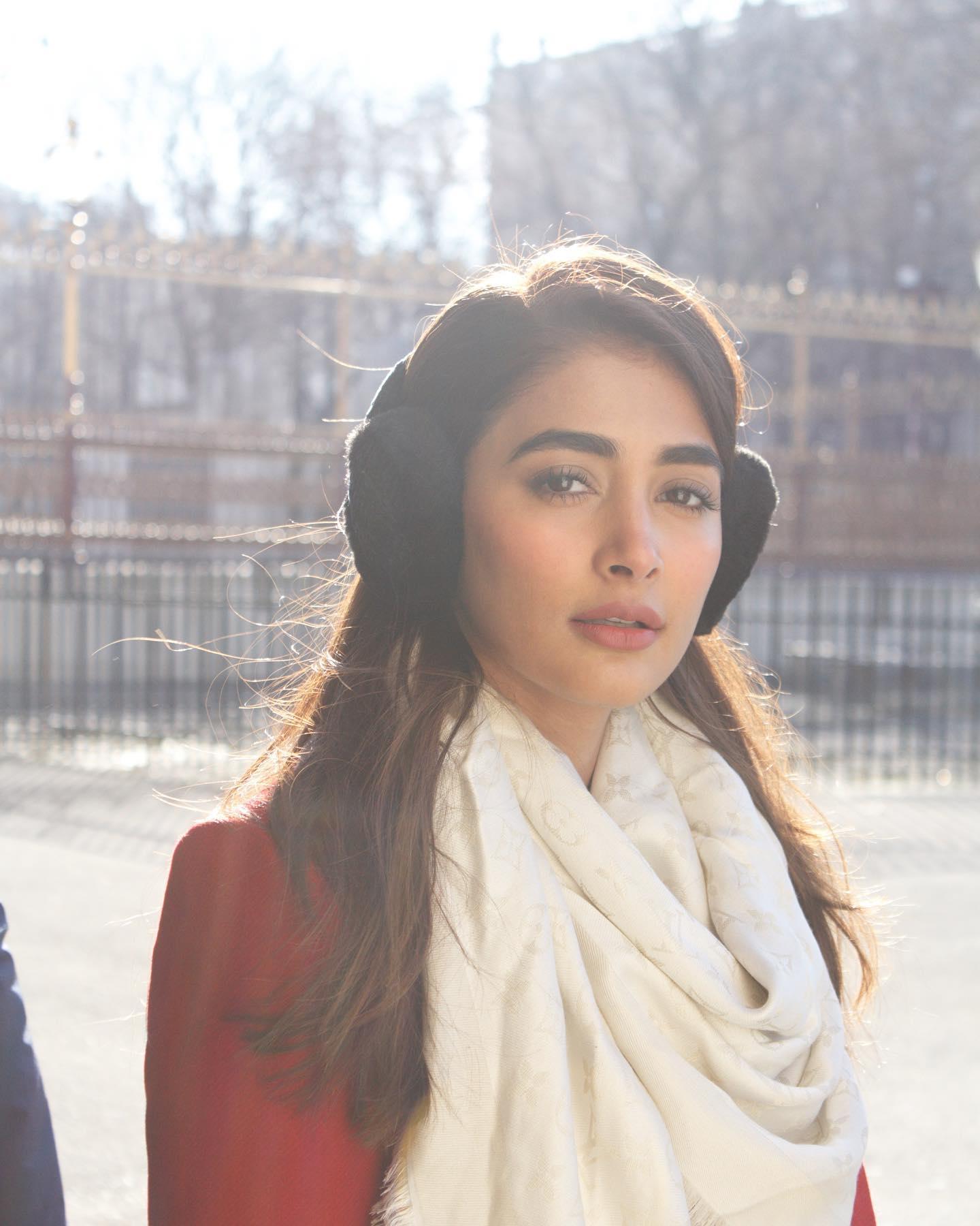 Pooja Hegde in Winter Outfit with White Scarf Outdoors