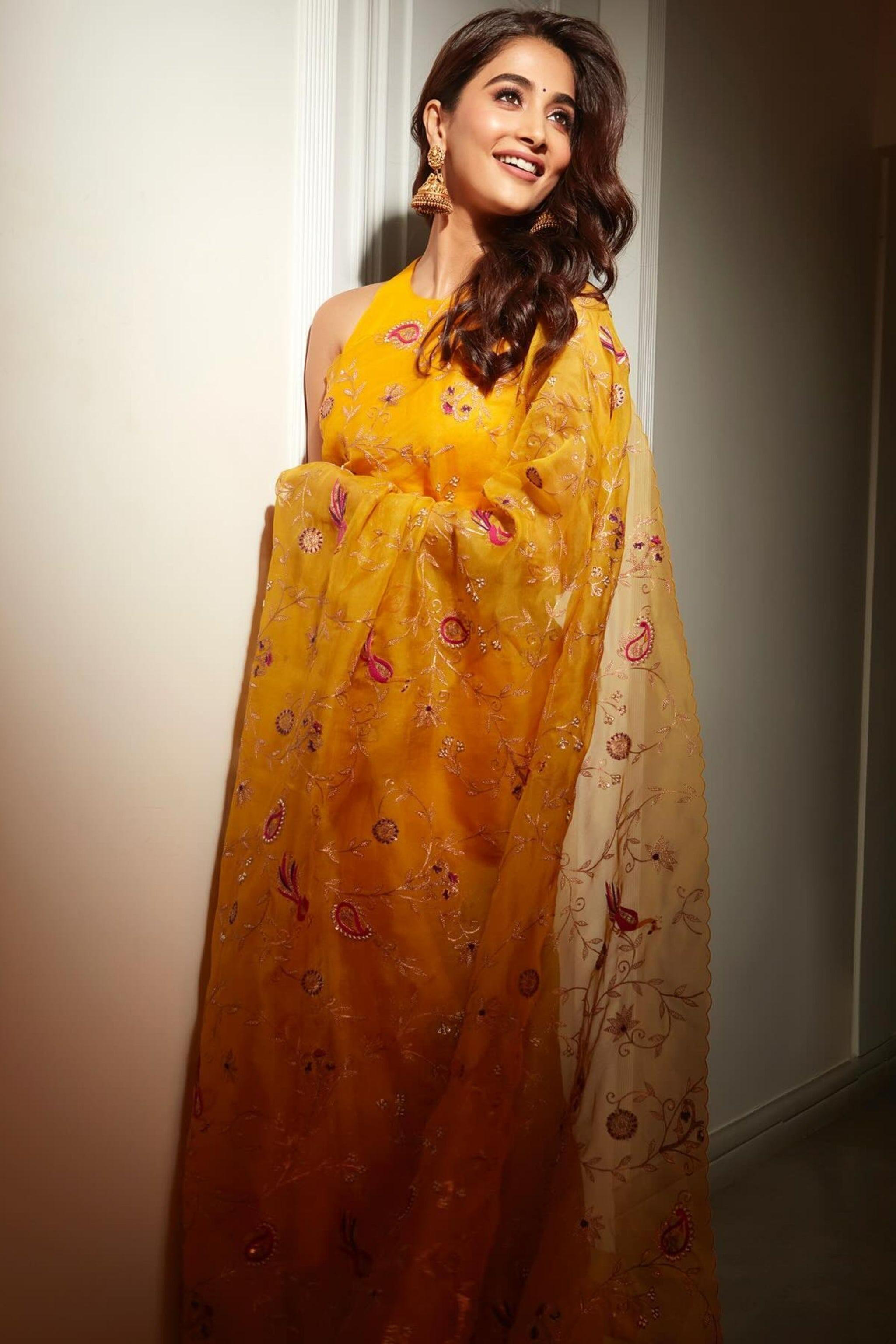 Pooja Hegde Looks Elegant in Yellow Floral Saree Wallpaper