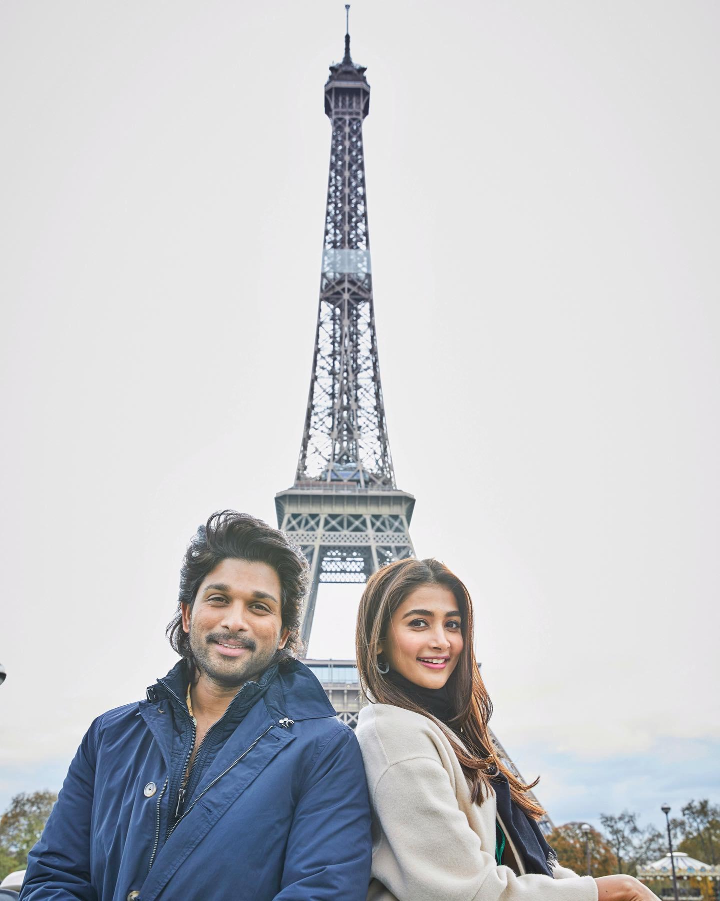 Pooja Hegde Near Eiffel Tower with Allu Arjun in Blue Jacket