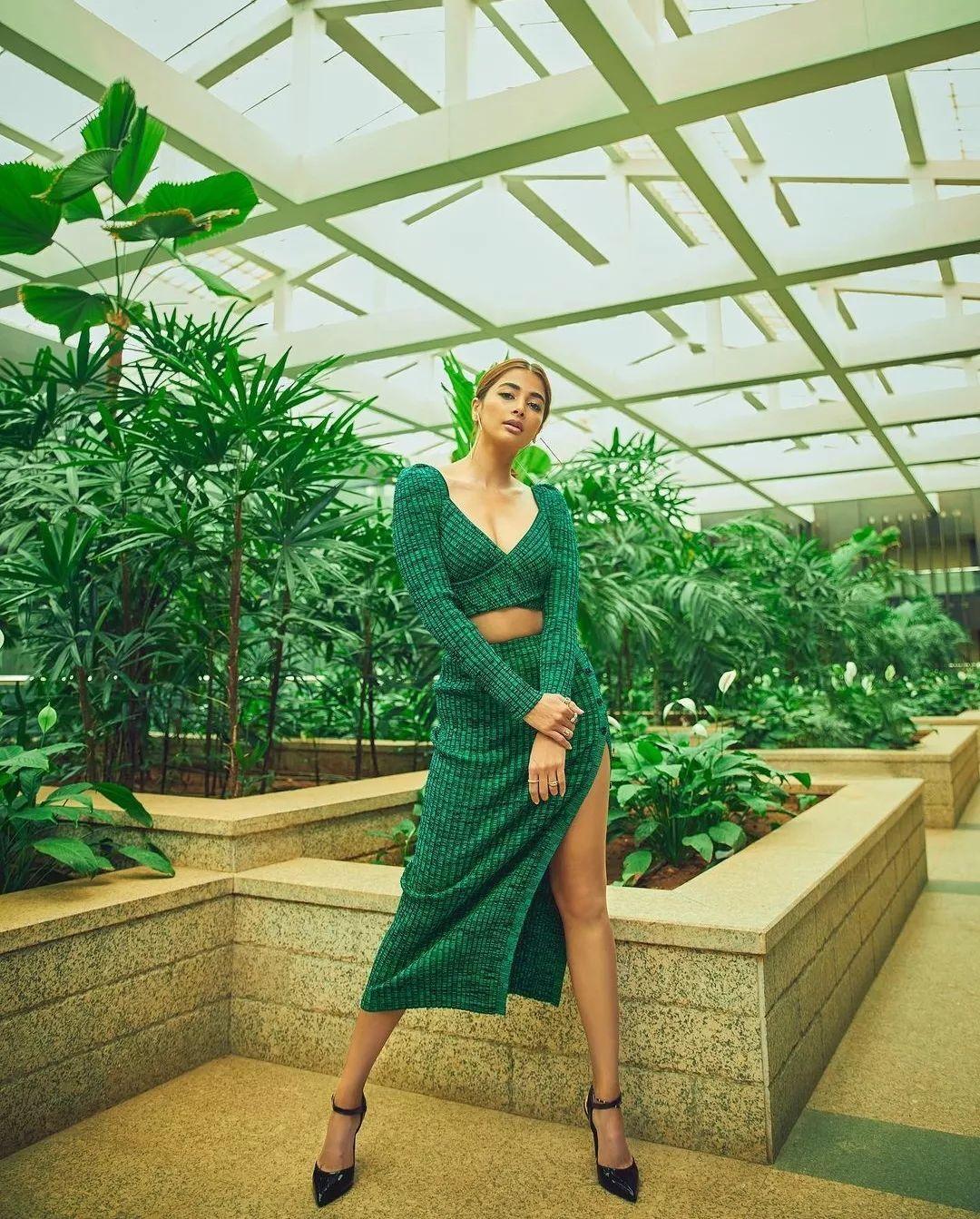 Pooja Hegde Poses in Green Dress At a Garden Atrium
