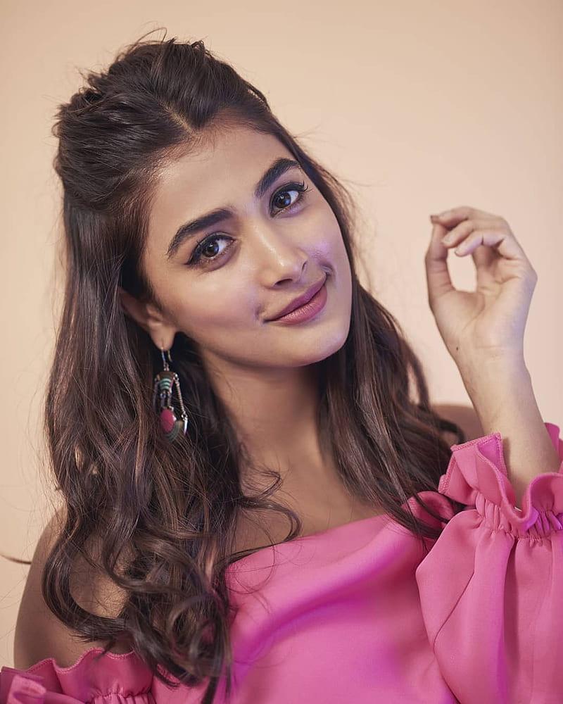 Pooja Hegde Poses in Off Shoulder Pink Dress with Earrings