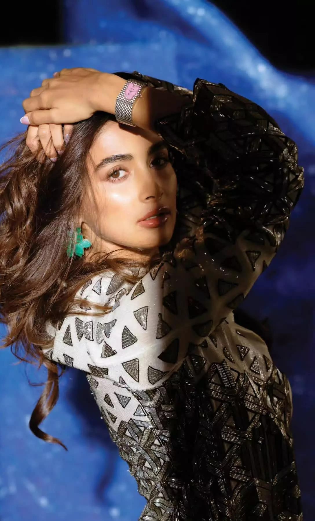 Pooja Hegde Posing in Black Outfit Under Blue Lights Hd