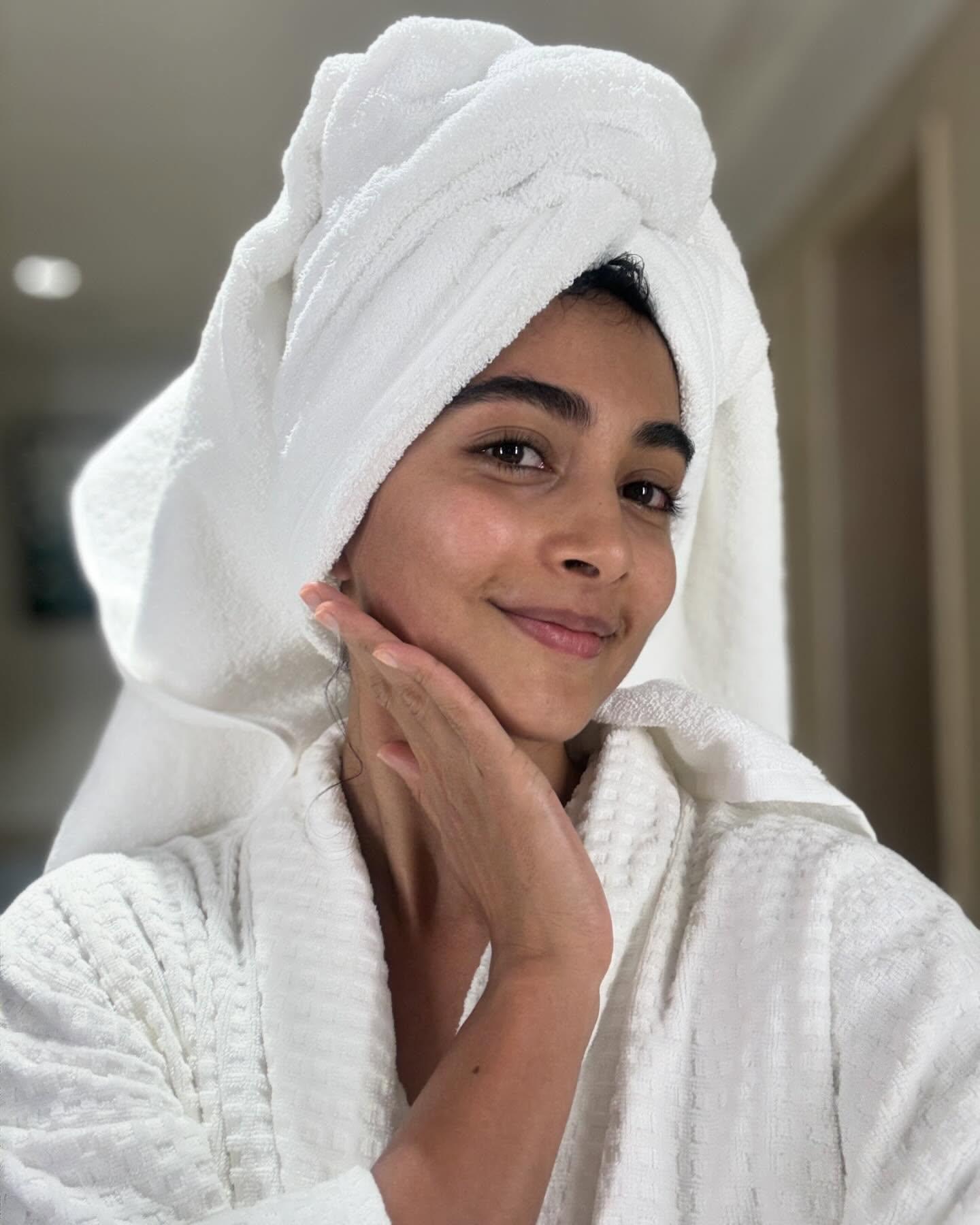 Pooja Hegde Relaxing with Towel on Head After Bath Image