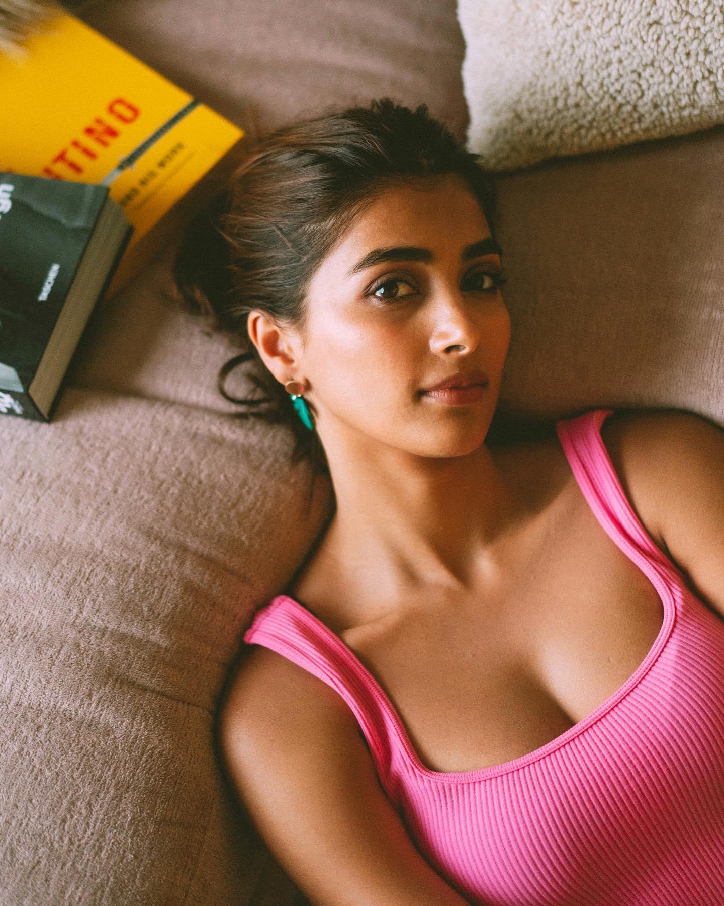 Pooja Hegde Rests Indoors Wearing Pink Sleeveless Top