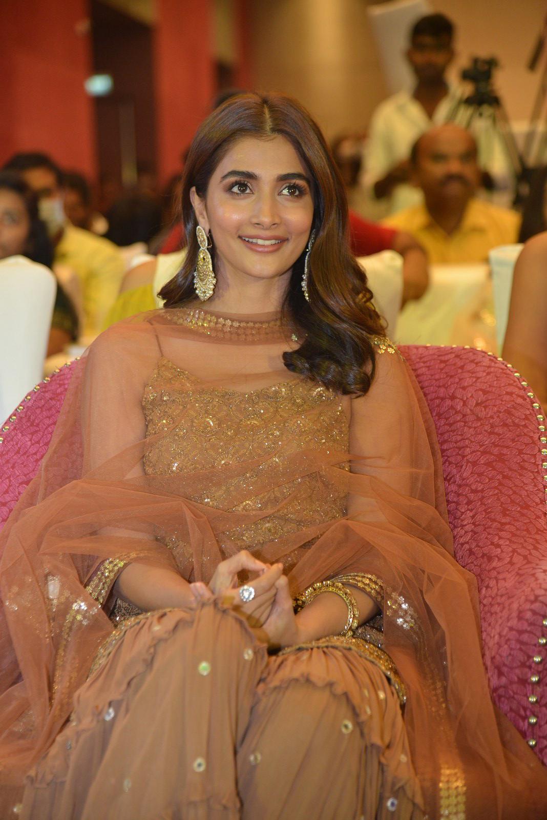 Pooja Hegde Seated in Brown Ethnic Dress At Event Hd