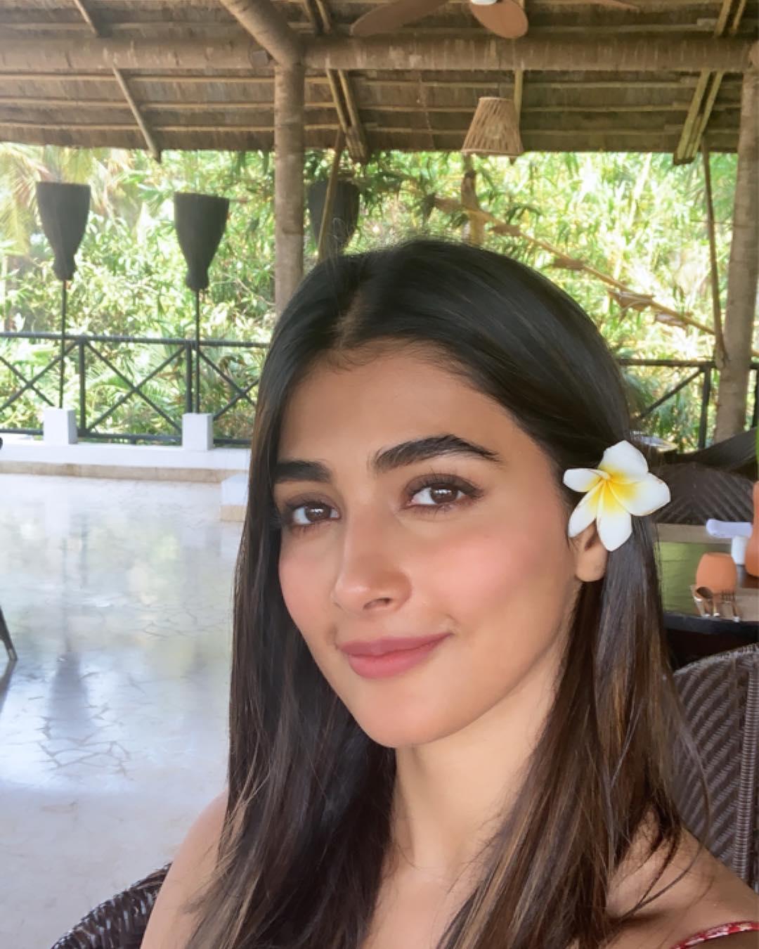 Pooja Hegde Smiling with a Flower in Her Hair Wallpaper