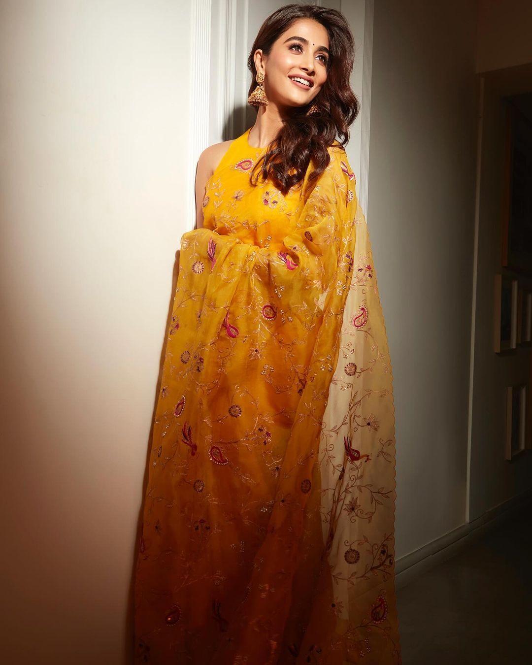 Pooja Hegde Wearing Yellow Floral Dress Indoors Image