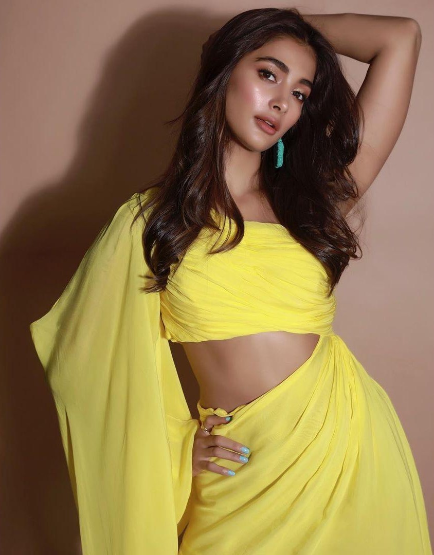 Pooja Hegde Wearing Yellow Saree Looking Graceful Image