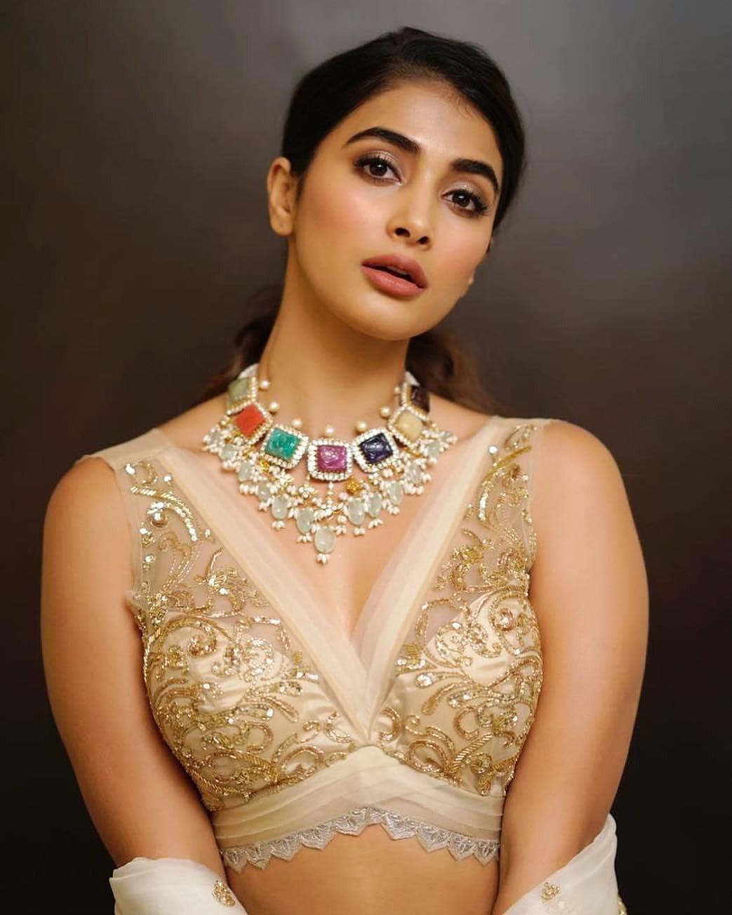 Pooja Hegde Wears Golden Embellished Blouse with Jewelry