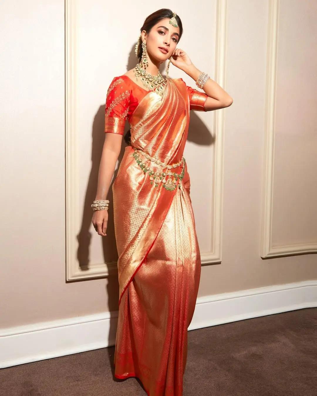 Stunning Pooja Hegde in Red and Gold Traditional Saree Hd