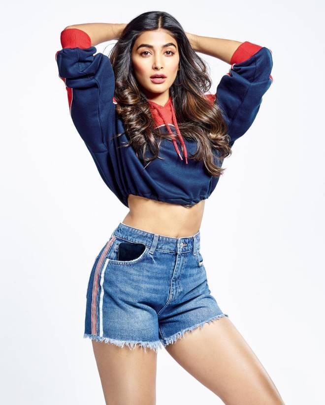 Trendy Look of Pooja Hegde in Crop Top and Denim Shorts