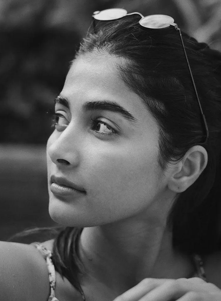 Black and White Profile of Pooja Hegde Sunglasses on Head
