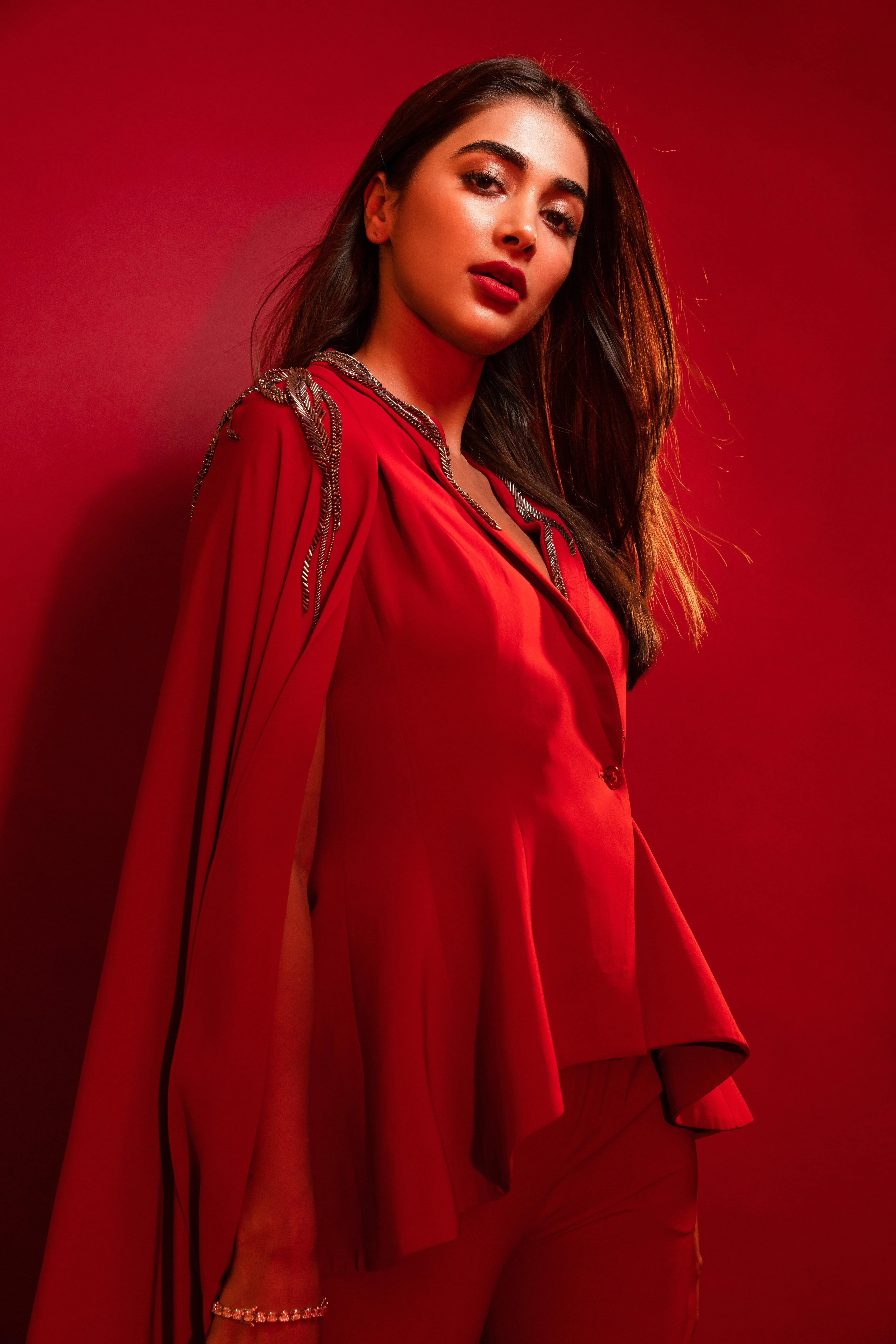 Bold Red Look of Pooja Hegde in Long Sleeve Outfit Portrait