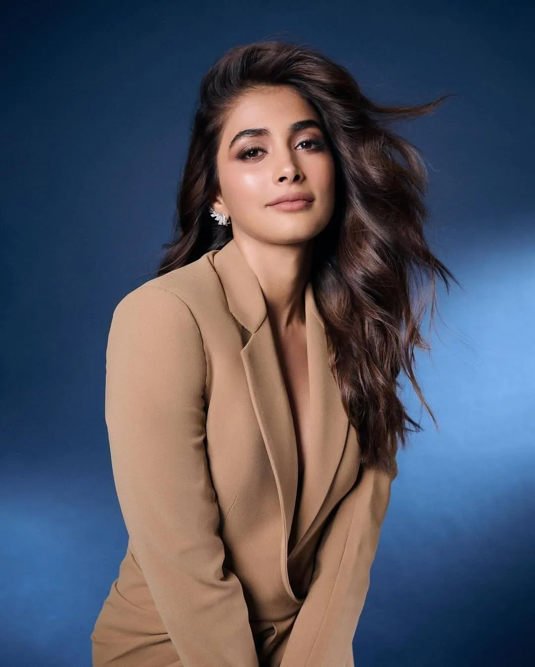 Bold Studio Look of Pooja Hegde in Brown Power Suit
