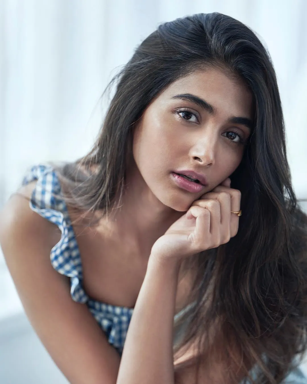 Casual Closeup of Pooja Hegde in Blue Gingham Top