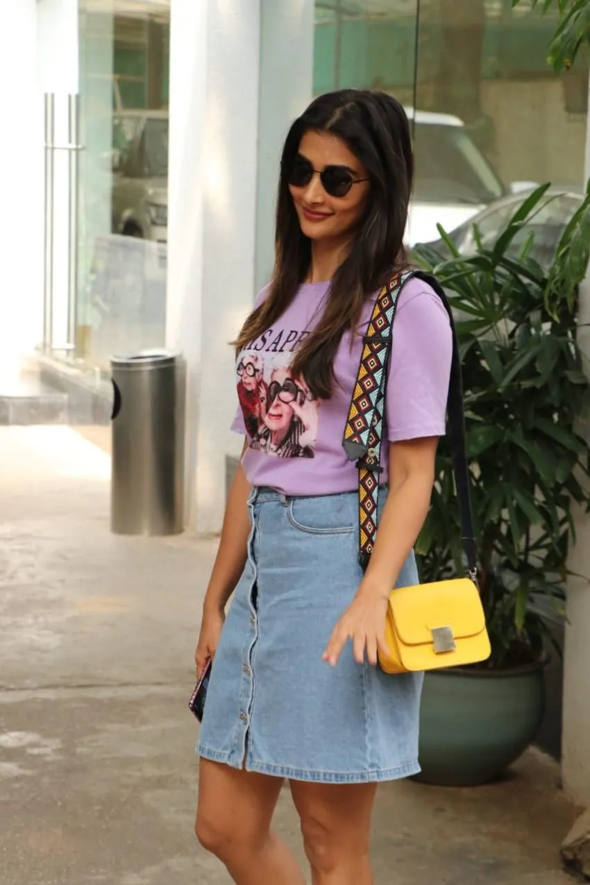 Casual Street Style Look of Pooja Hegde in Skirt and Tee