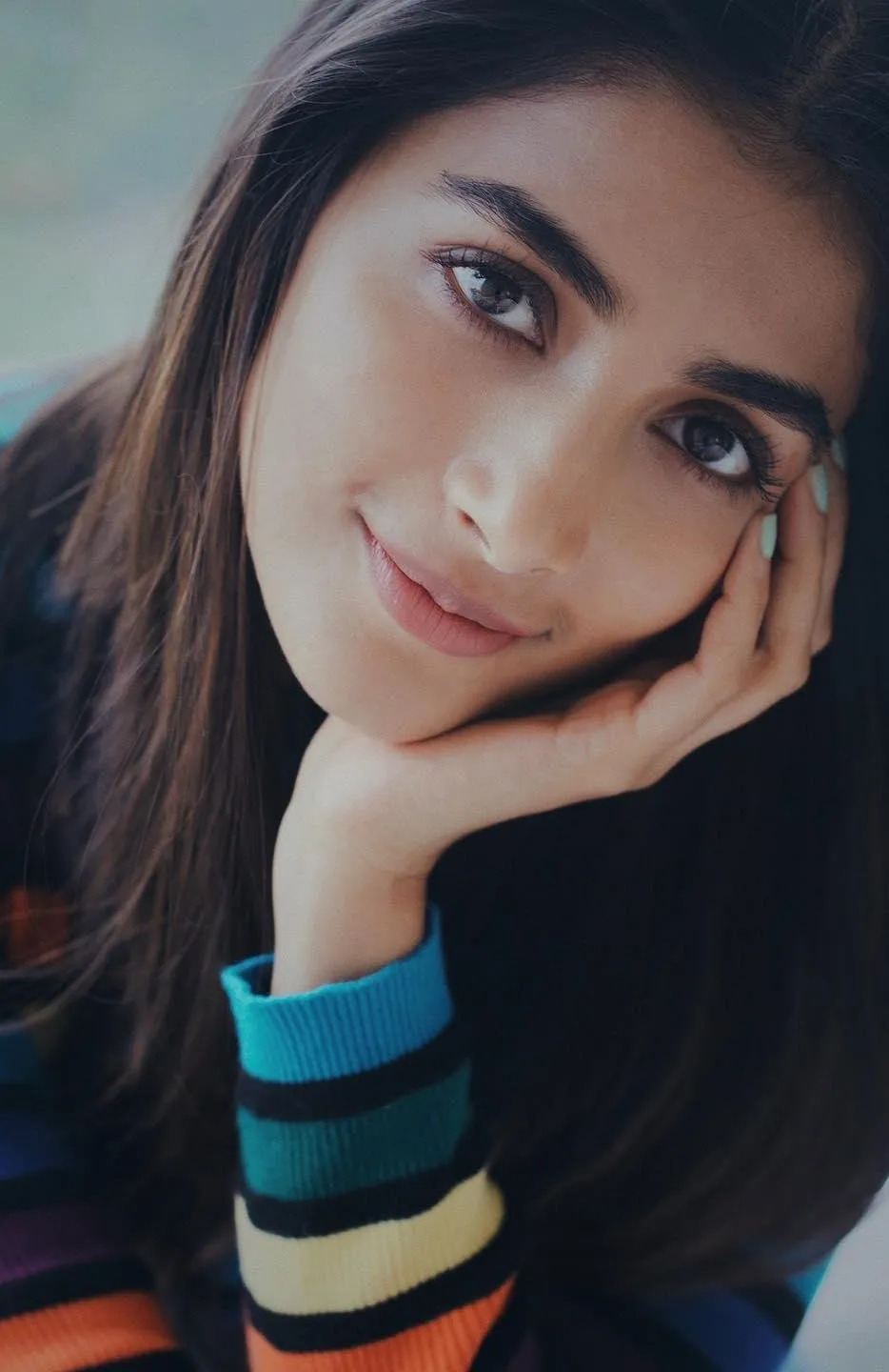 Close Up Portrait of Pooja Hegde Wearing Striped Sweater