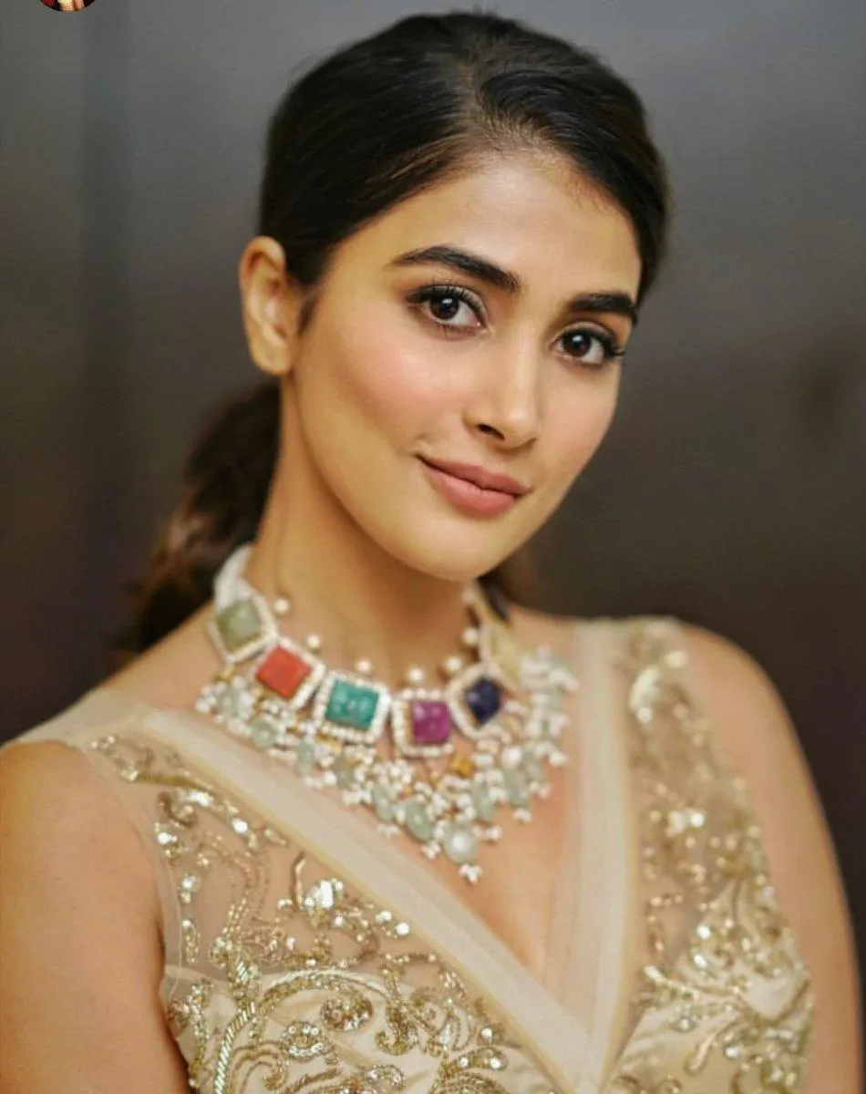 Closeup of Pooja Hegde Wearing Traditional Jewelry and Dress