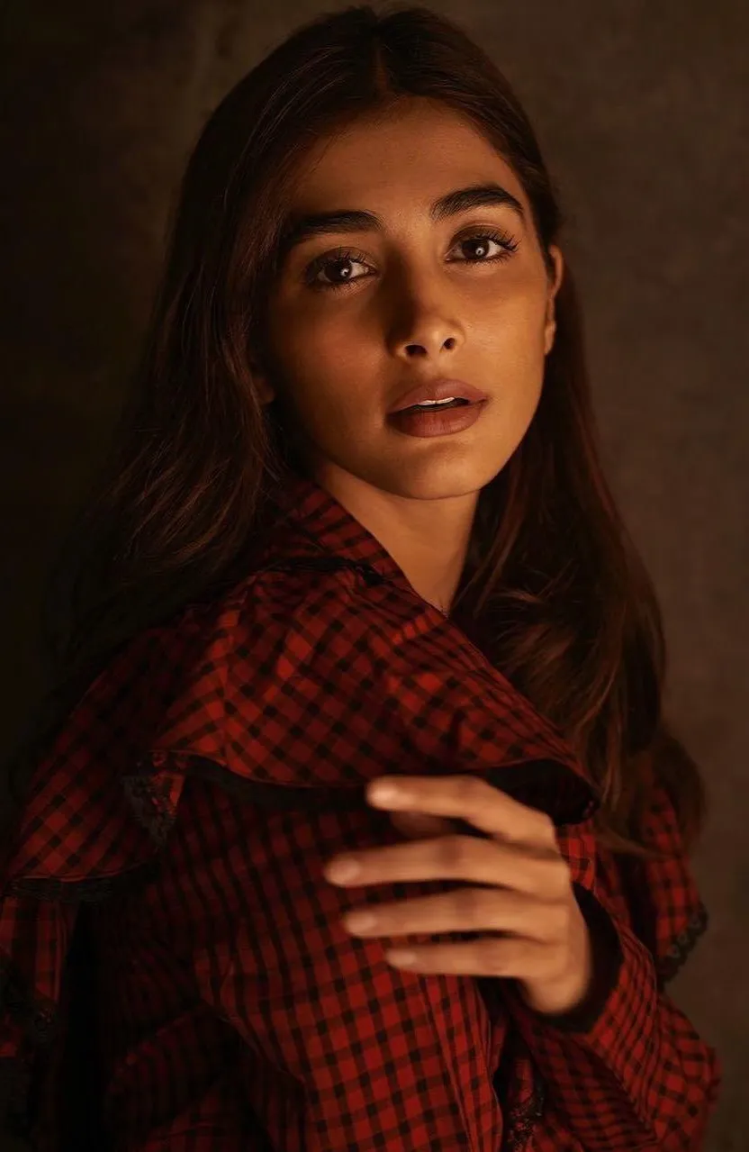 Dramatic Lighting of Pooja Hegde Wearing Checked Red Shirt