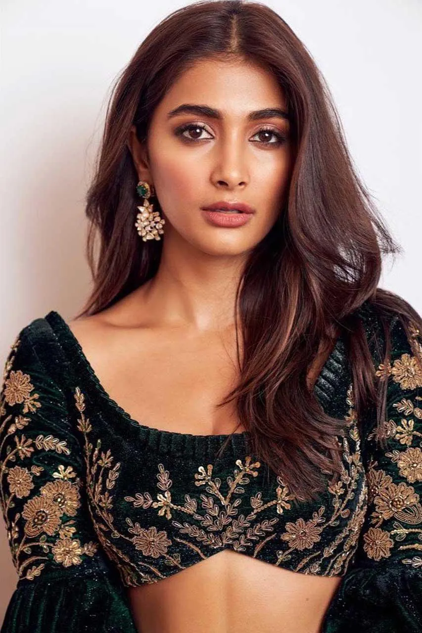 Elegant Pooja Hegde in Black Floral Embroidered Dress