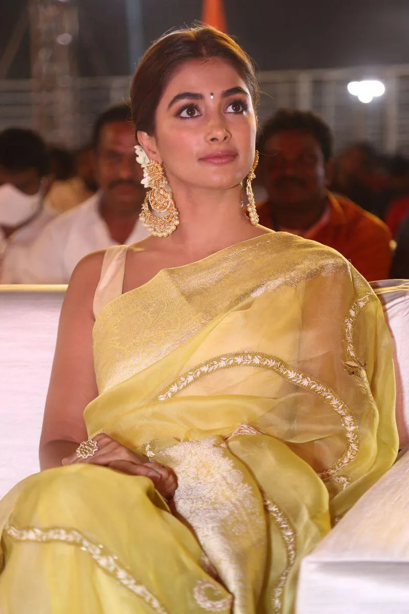 Elegant Pooja Hegde in Yellow Silk Saree At Award Function