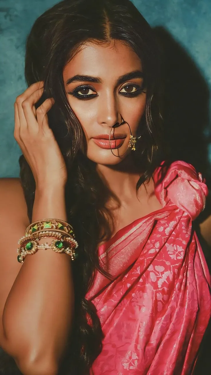 Elegant Pooja Hegde Wearing a Pink Saree Free Hd Image