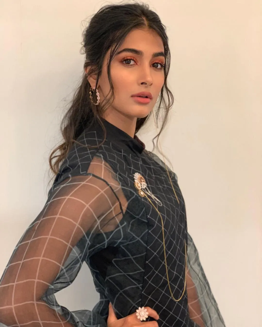Modern Look of Pooja Hegde in Sheer Black Embroidered Dress