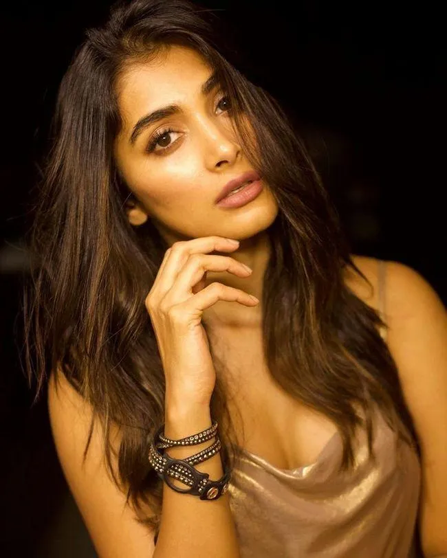 Natural Beauty of Pooja Hegde in Simple Gold Satin Dress