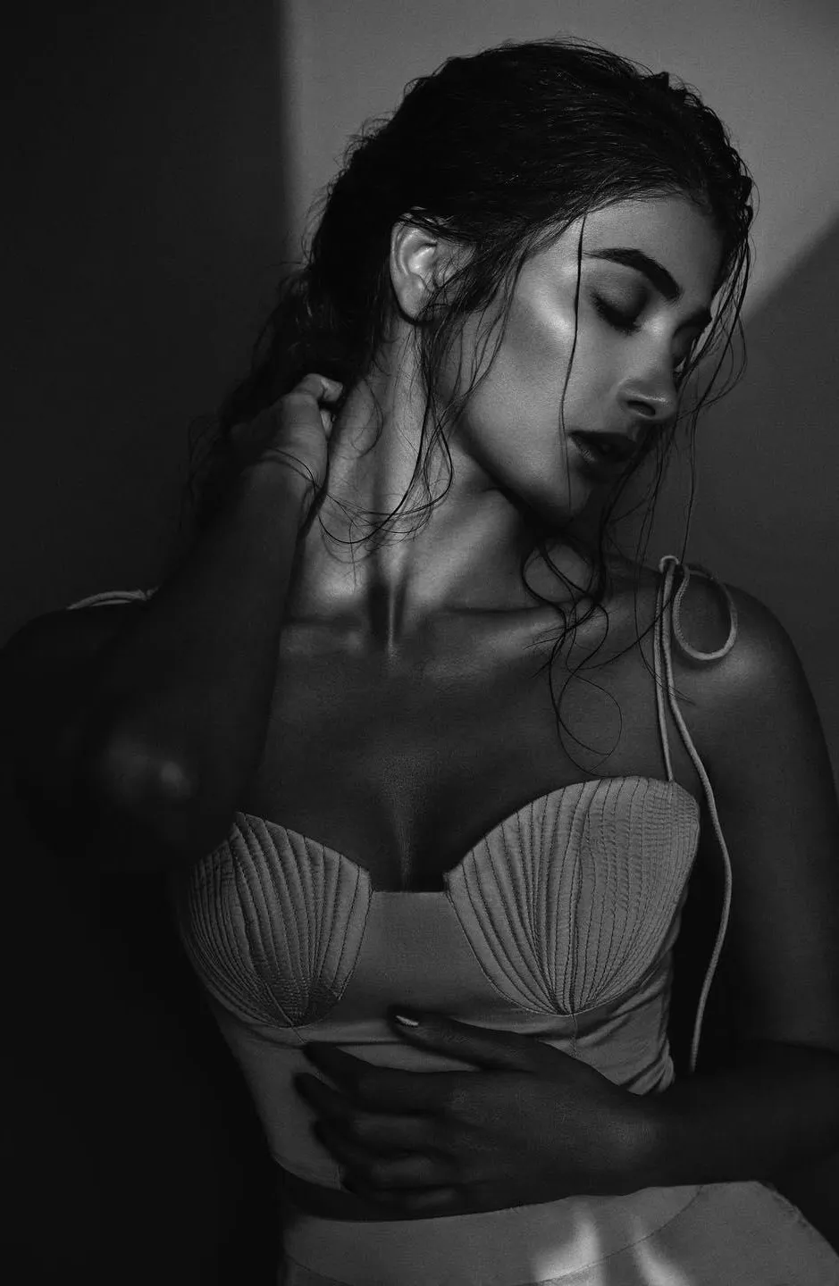 Pooja Hegde Black and White Artistic Portrait with Hand on Neck