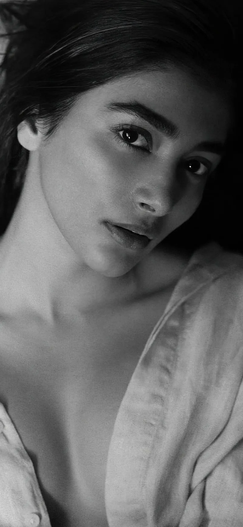 Pooja Hegde Black and White Portrait with Soft Gaze Image
