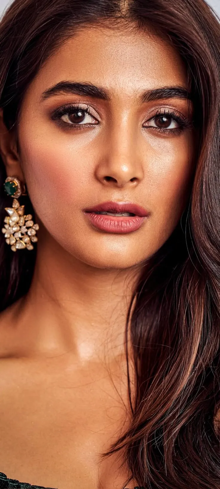 Pooja Hegde Close Up Portrait with Bold Makeup and Earrings