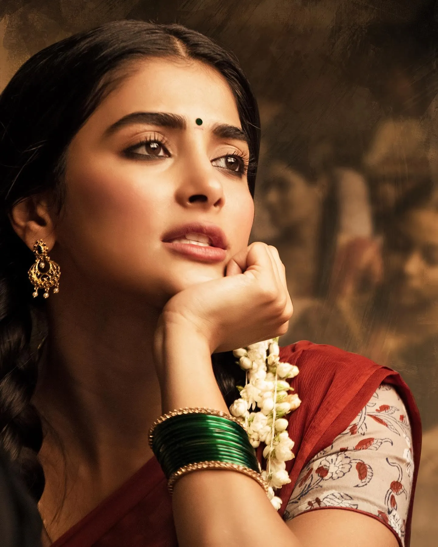 Pooja Hegde Close Up Portrait with Traditional Jewelry Image