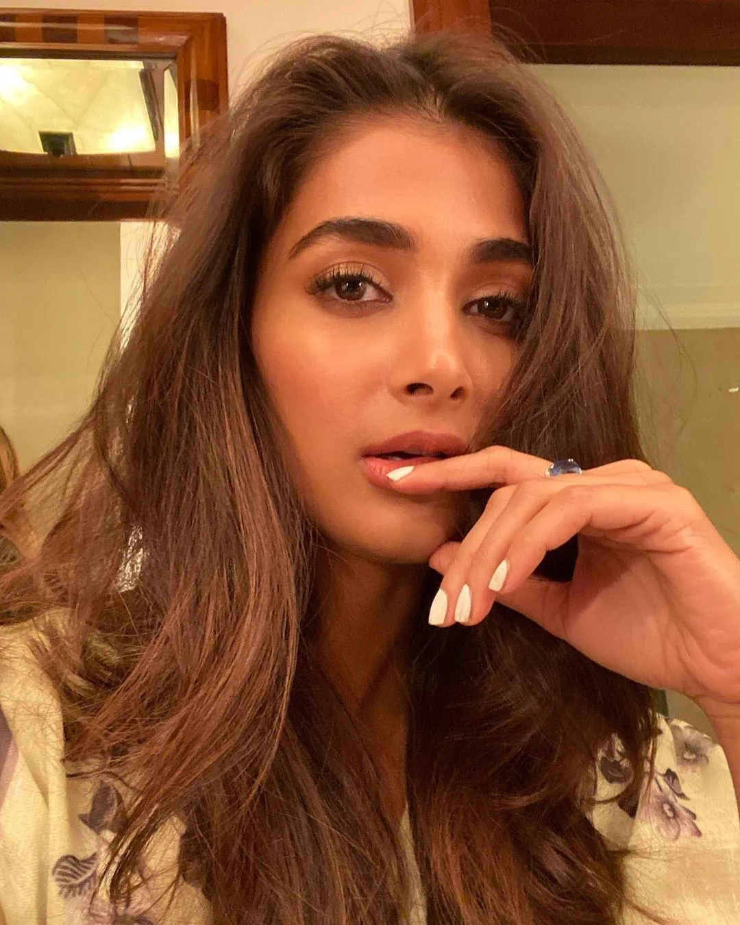 Pooja Hegde Close Up Selfie with Soft Curls and Makeup
