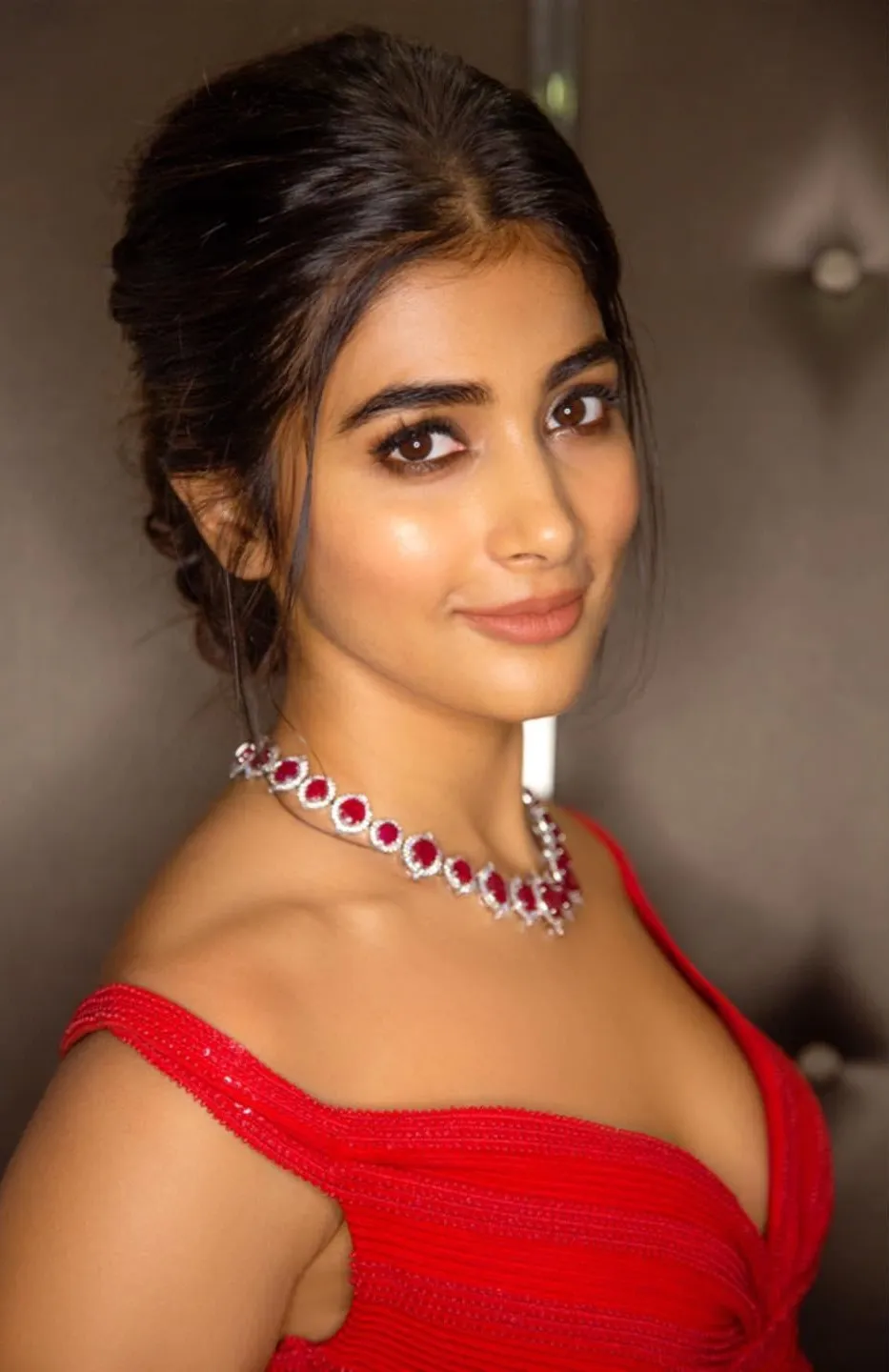 Pooja Hegde Dazzles in a Red Outfit with Elegant Makeup