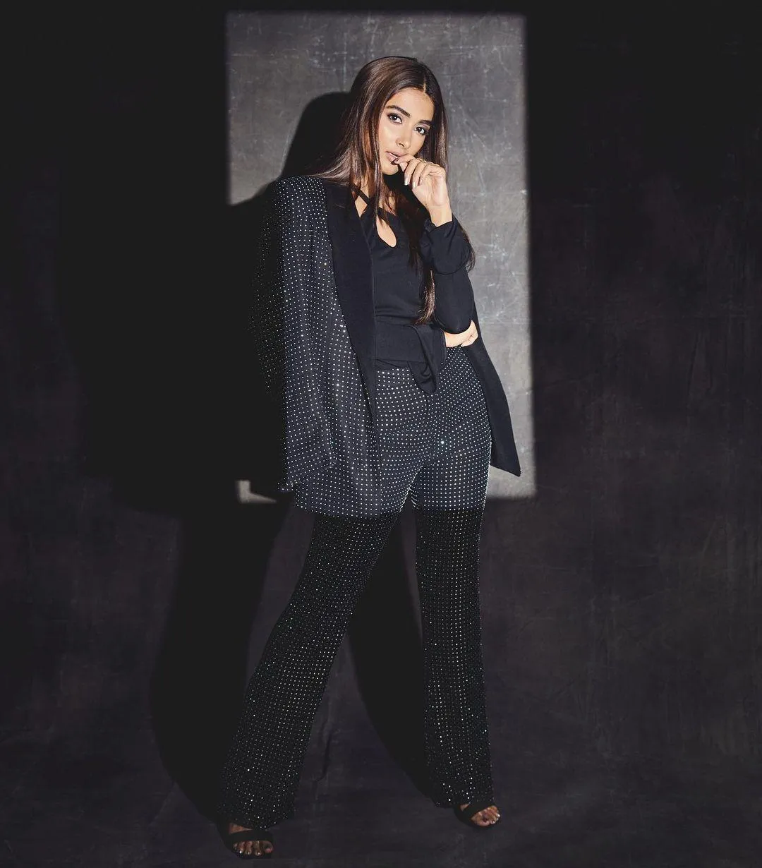 Pooja Hegde Fashion Statement in Black Polka Dot Suit