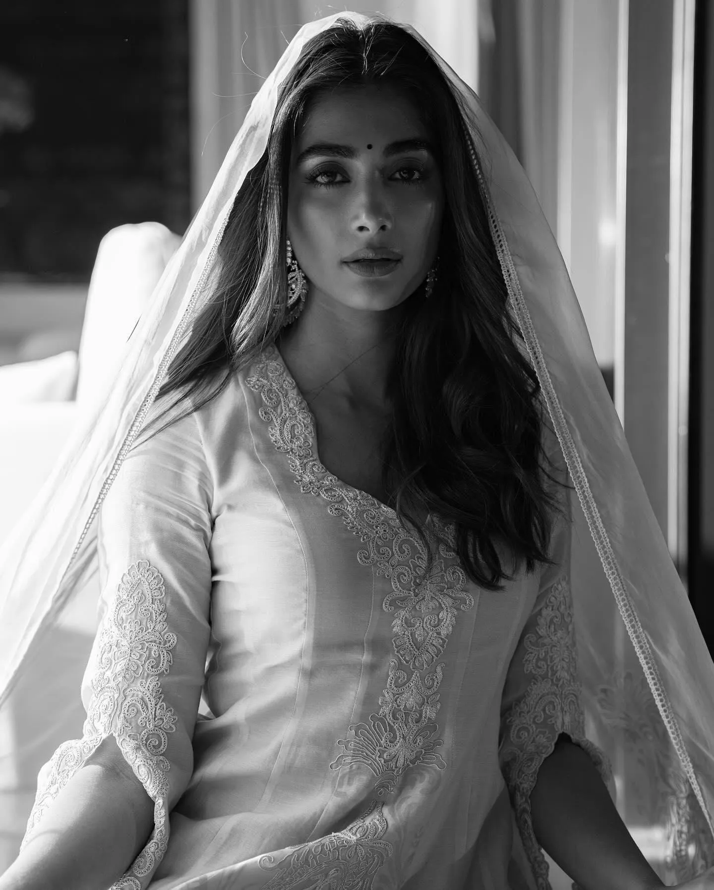 Pooja Hegde in Beautiful Black and White Bridal Outfit Indoors