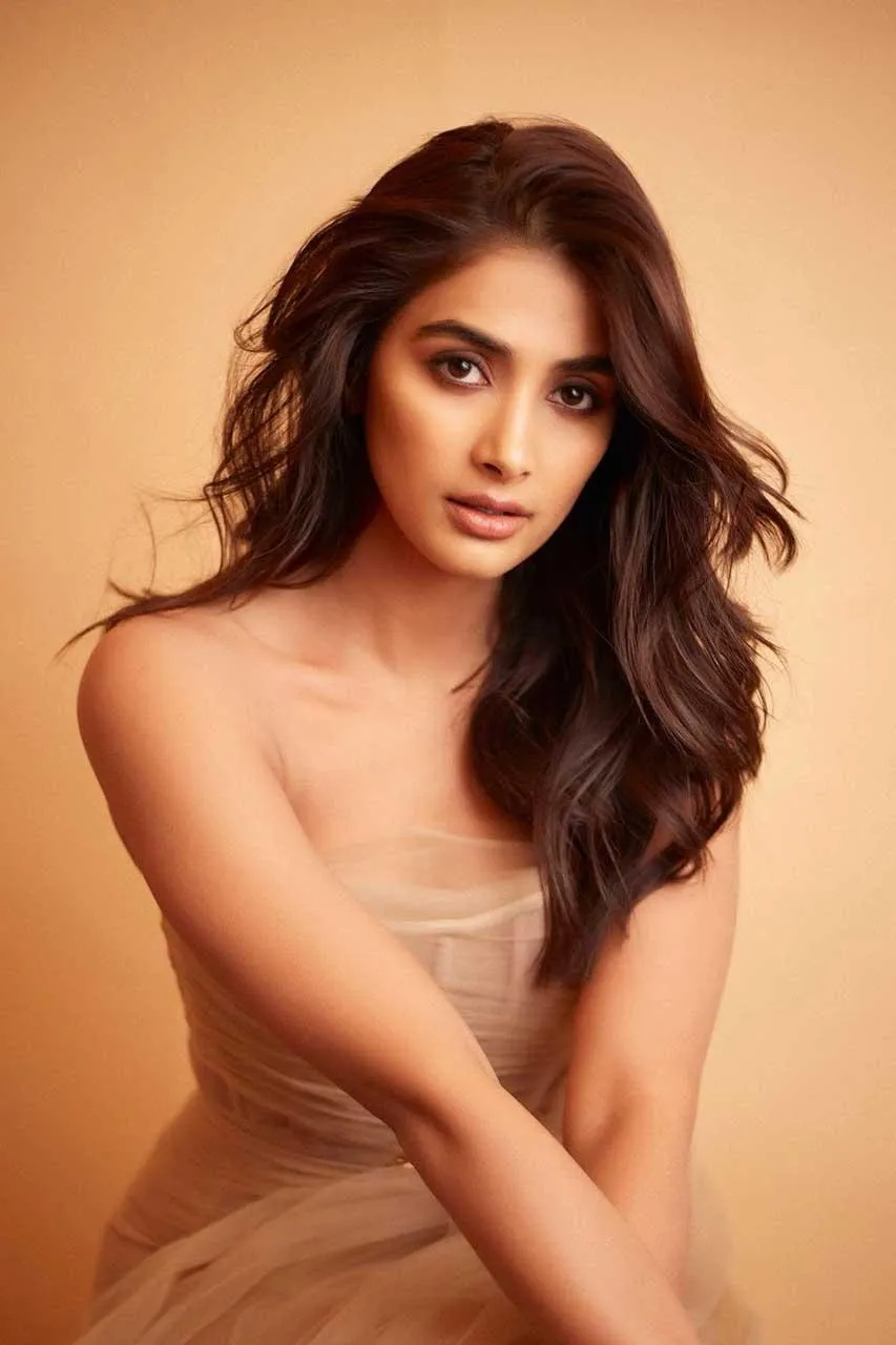 Pooja Hegde in Beige Dress with Voluminous Hairstyle