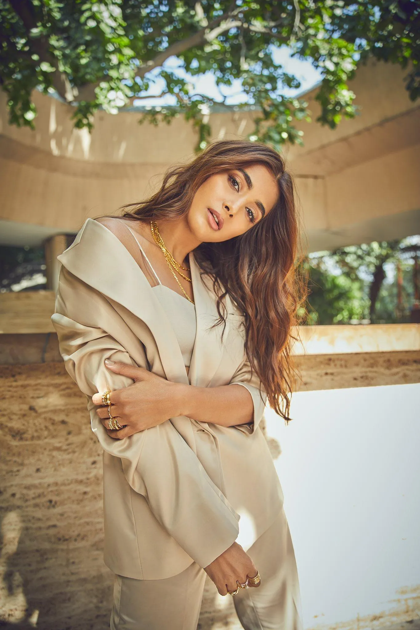 Pooja Hegde in Beige Outfit Posing Under Natural Light