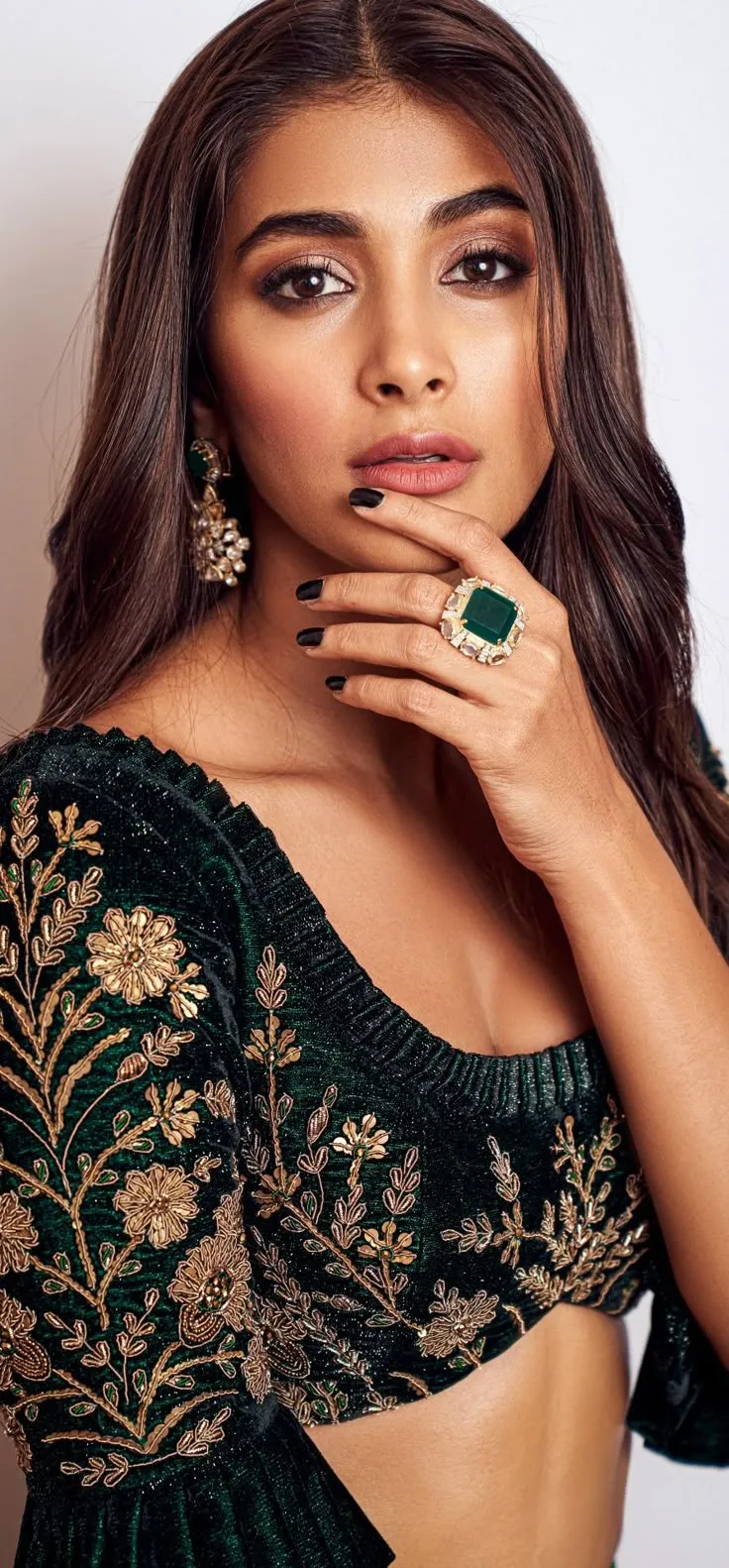 Pooja Hegde in Black and Gold Outfit with Statement Ring