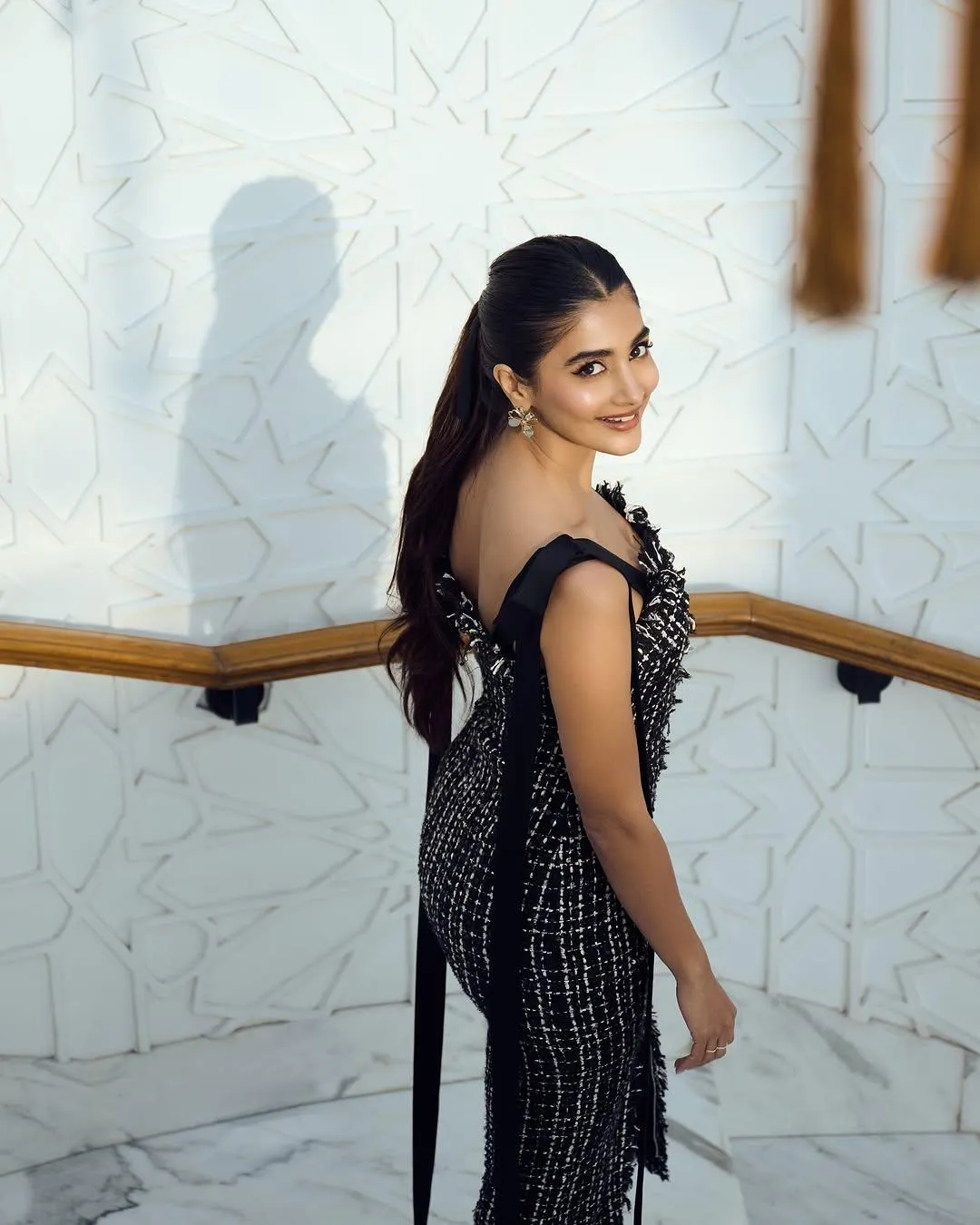 Pooja Hegde in Black and White Dress Indoors Wallpaper