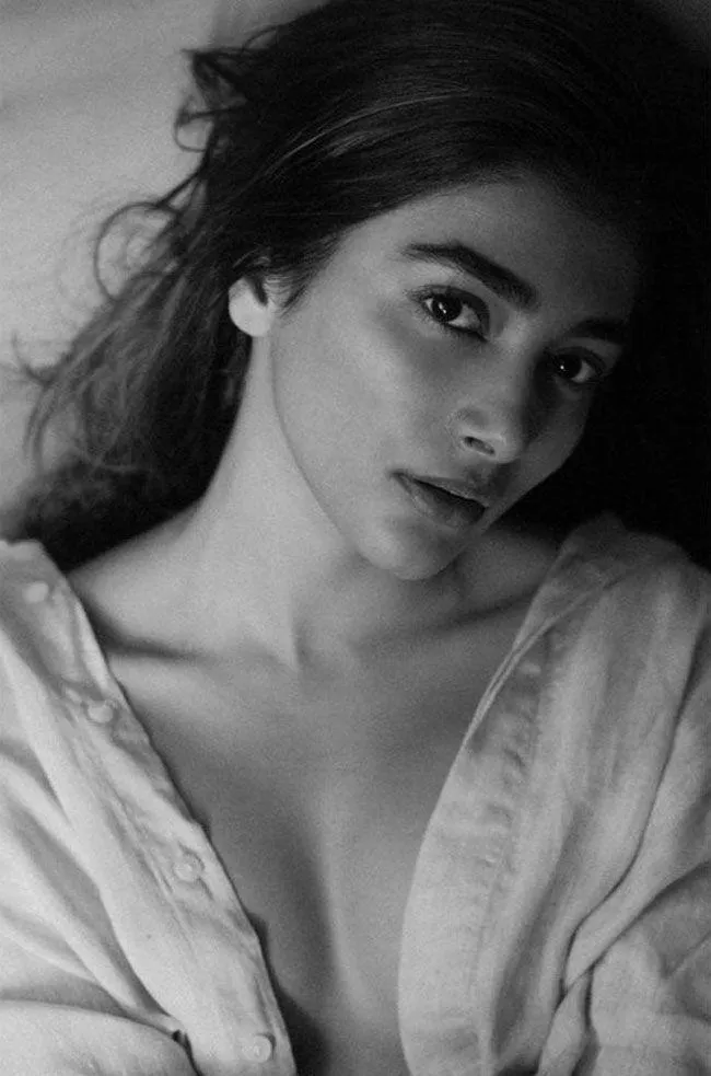 Pooja Hegde in Black and White Portrait with Soft Gaze