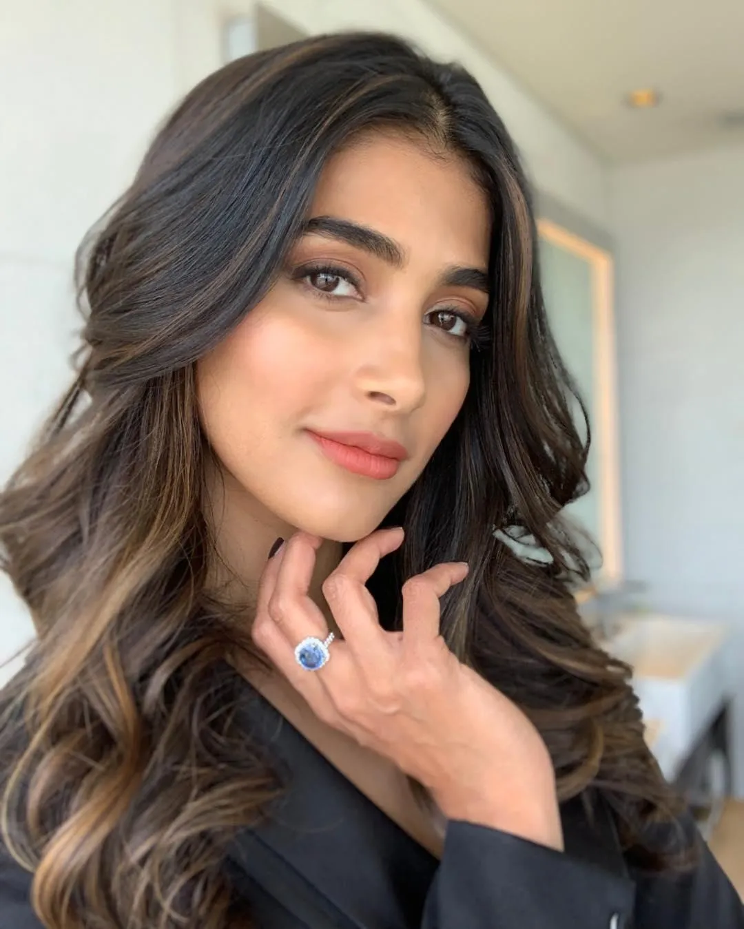 Pooja Hegde in Black Blazer with Soft Wavy Hair Wallpaper