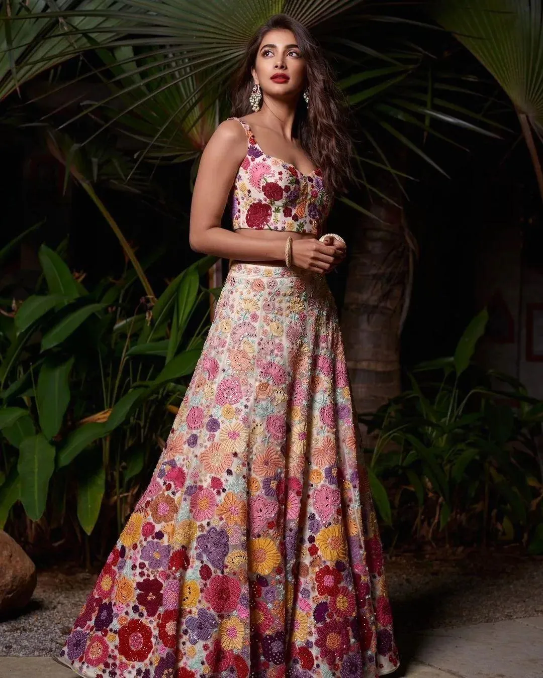 Pooja Hegde in Colorful Dress in Garden Setting Wallpaper
