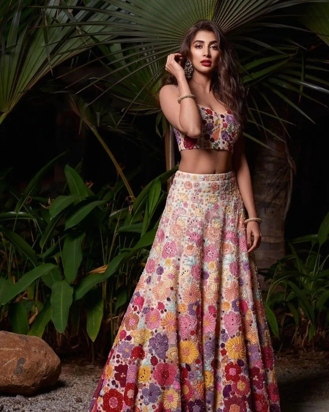 Pooja Hegde in Colorful Floral Lehenga with Elegant Poses