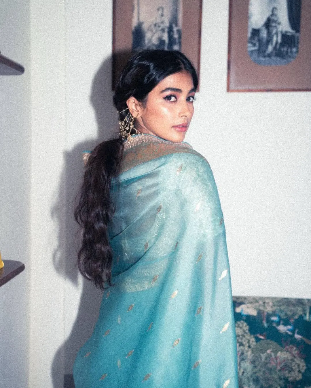 Pooja Hegde in Elegant Blue Saree with Simple Hairdo