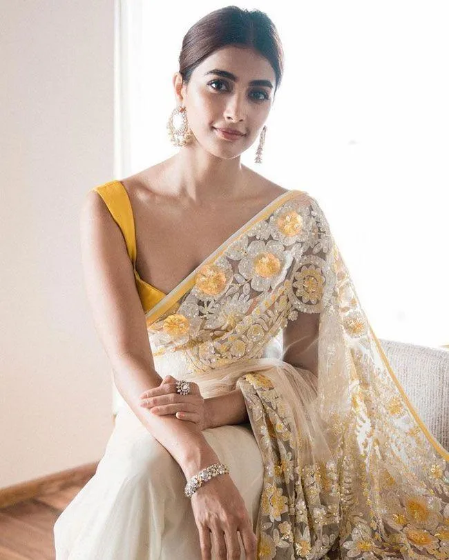 Pooja Hegde in Elegant Yellow and White Saree Look