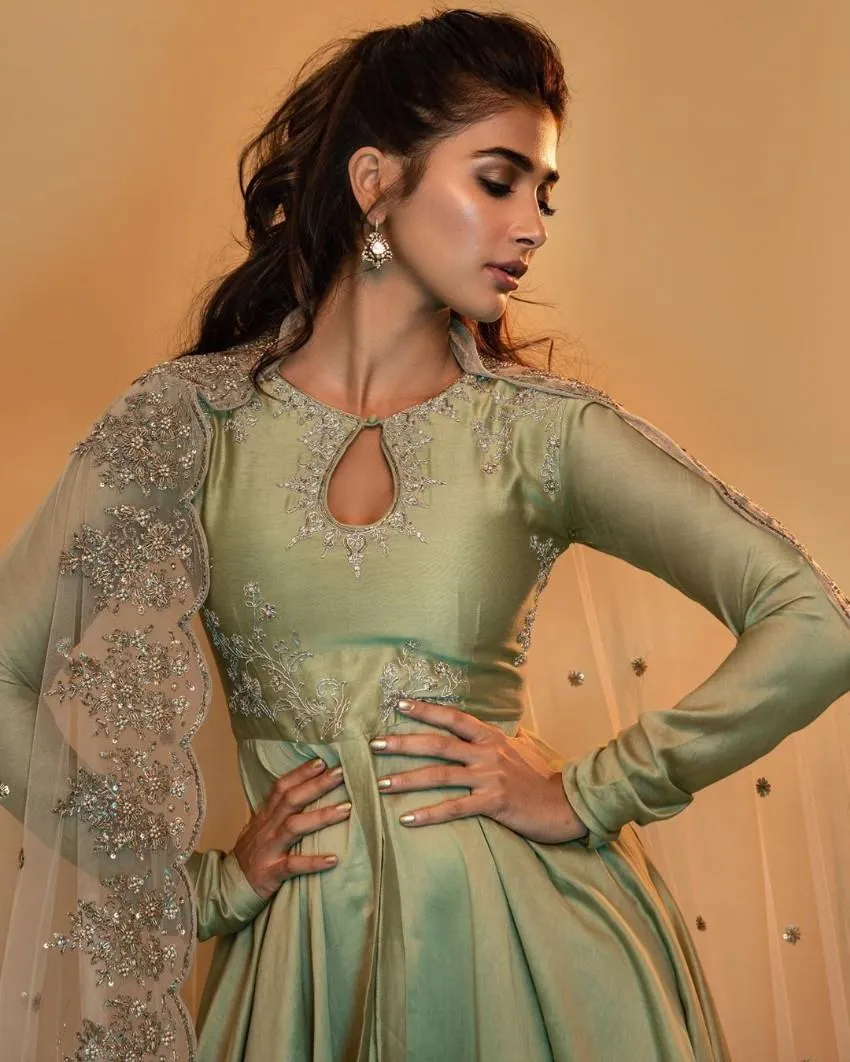 Pooja Hegde in Embroidered Green Gown with Soft Curls